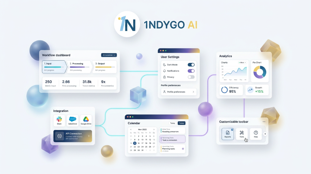 1NDYGO AI SaaS platform workflow dashboard showing user settings, analytics, calendar, and integrations