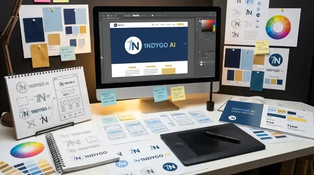 1NDYGO AI brand design workspace with logo concepts, wireframes and colour palettes