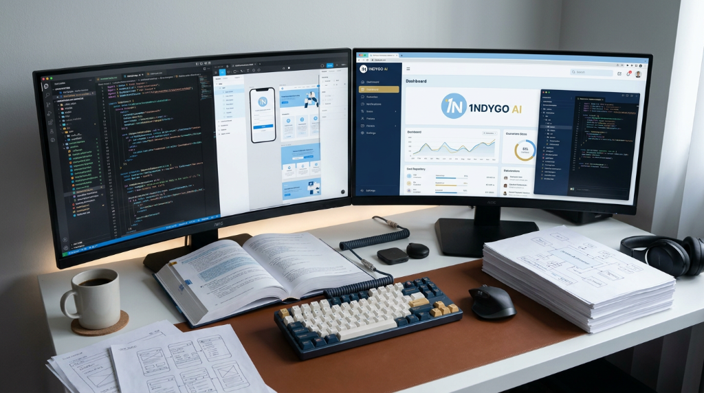 1NDYGO AI development workspace with dual monitors showing code and dashboard