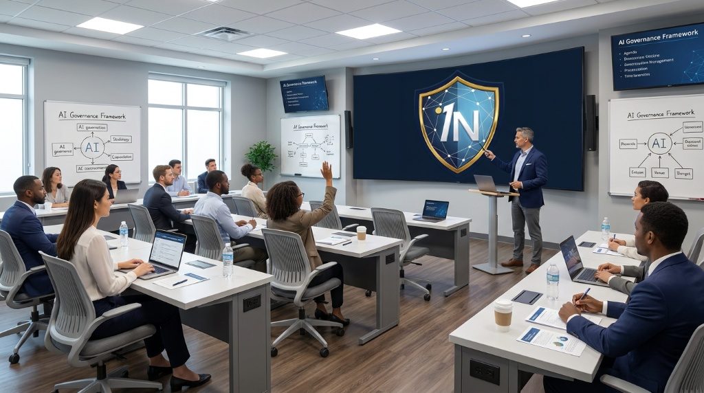 An Academy session: the 1NTEGRAGUARD shield on the wall screen, whiteboards of the AI governance framework, people in the room.