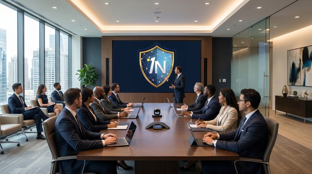 A board around the table with the 1NTEGRAGUARD shield on the wall screen.