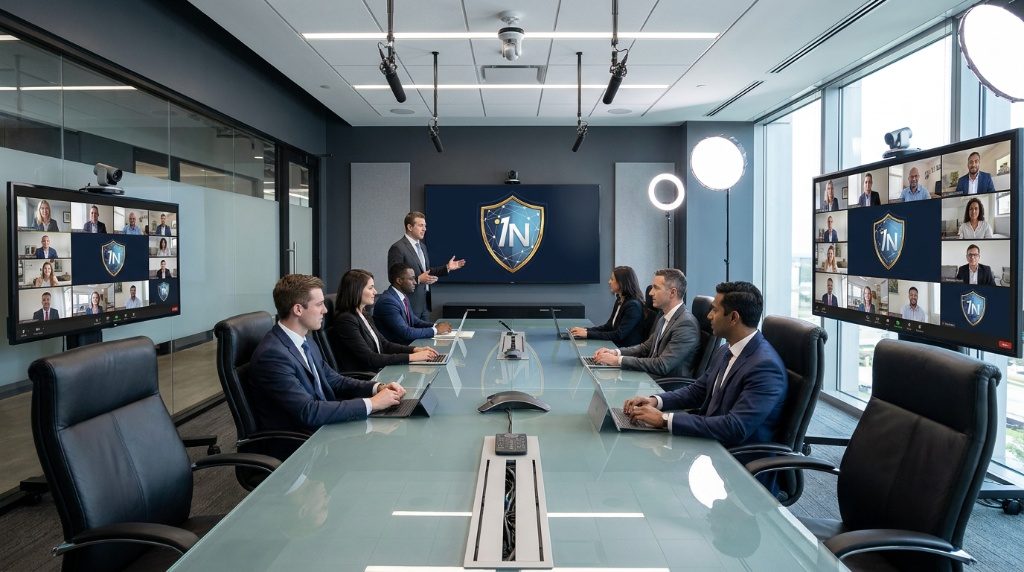 A board around the table with the 1NTEGRAGUARD shield on the wall screen and remote directors on the side screens.