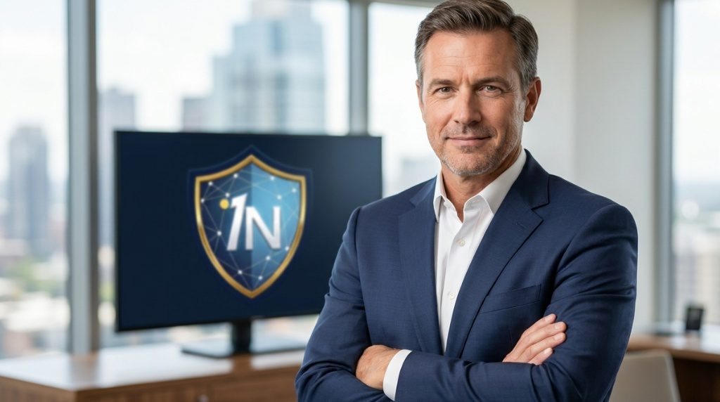 A channel partner in the boardroom, arms folded, with the 1NTEGRAGUARD shield on the wall screen.